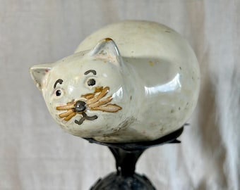 Vintage Hand-Painted Ceramic Cat Figurine - Mid-Century Folk Art Pottery Cat - Quirky Kitsch Kitten Decor