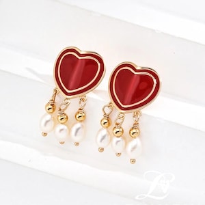 Red Enamel Heart Earrings: 18K Gold-Plated Sterling Silver, Freshwater Pearls