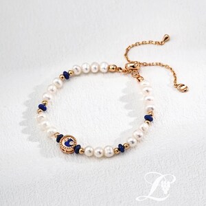 Pulseira vintage de pérolas e lápis-lazúli: joia ajustável em ouro 18K e prata esterlina