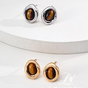 Tiger Eye Stud Earrings: Sterling Silver or Gold Vermeil, Organic Gemstone