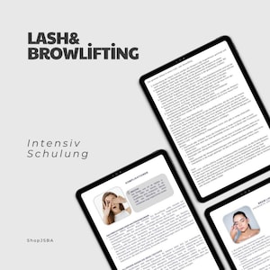 Puede incluir: Un documento digital con el título "LASH & BROWLIFTING Intensiv Schulung" y el texto "KOMPLIKATIONEN" y "ALLGEMEIN BEACHTEN SIE DIE HYGIENE-RICHTLINIEN" sobre un fondo blanco.