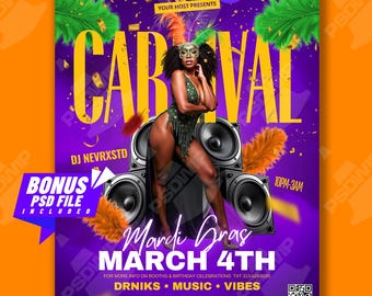 Carnival Mardi Gras Flyer | Canva & PSD Template | Party Event Design | Instant Download