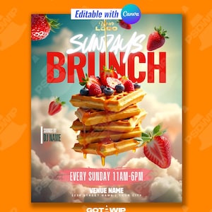Pode incluir: Um cartaz promocional para um brunch de domingo. A imagem apresenta uma pilha de waffles cobertos com frutos silvestres e xarope, com a palavra "BRUNCH" em letras vermelhas grandes. O texto inclui "Sundays", "Every Sunday 11AM-6PM" e detalhes do local.