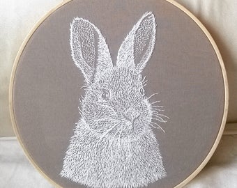 white rabbit embroidery hoop, embroidery art, thread painting embroidery, Handmade art,