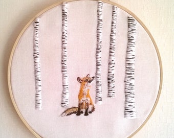 little fox embroidery art, hoop embroidery art, Handmade embroidery art, Handmade embroidery