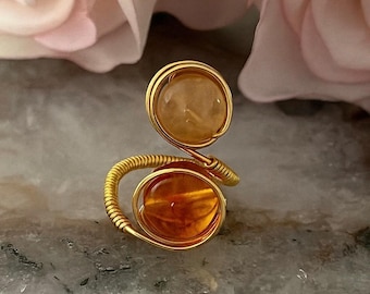 Bague wrap faite main avec pierres précieuses | Bague fantaisie double pierre ajustable en fil d'or