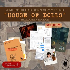 Op de afbeelding: Een digitale download voor een "House of Dolls" Halloween-editie moordmysterie spel. Het spel bevat een dossier, een plattegrond van het huis, karakterprofielen en een digitaal downloadpictogram.