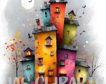 16 imágenes prediseñadas de casas embrujadas: coloridas y espeluznantes casas de Halloween con murciélagos y luna. Descarga instantánea para manualidades, scrapbooking y sublimación.
