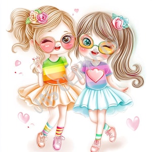 Clipart carine dei migliori amici / PNG delle ragazze dell'orgoglio / Arte estiva per bambini con arcobaleno / Sublimazione del giorno dell'amicizia / Download digitale del ritorno a scuola