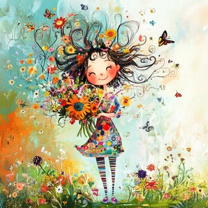 12 Quirky Flower Girl Clipart, Użytek komercyjny, Quirky Whimsical Floral, 300 DPI JPGs, Junk journal, Scrapbooking, Natychmiastowe pobieranie