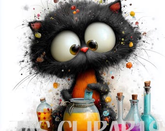 14 Whimsical Black Cat Alchemist Clipart: Cute Magic Potion Cat Illustration, Watercolor Style PNG for Stickers Journals Scrapbooking crafts