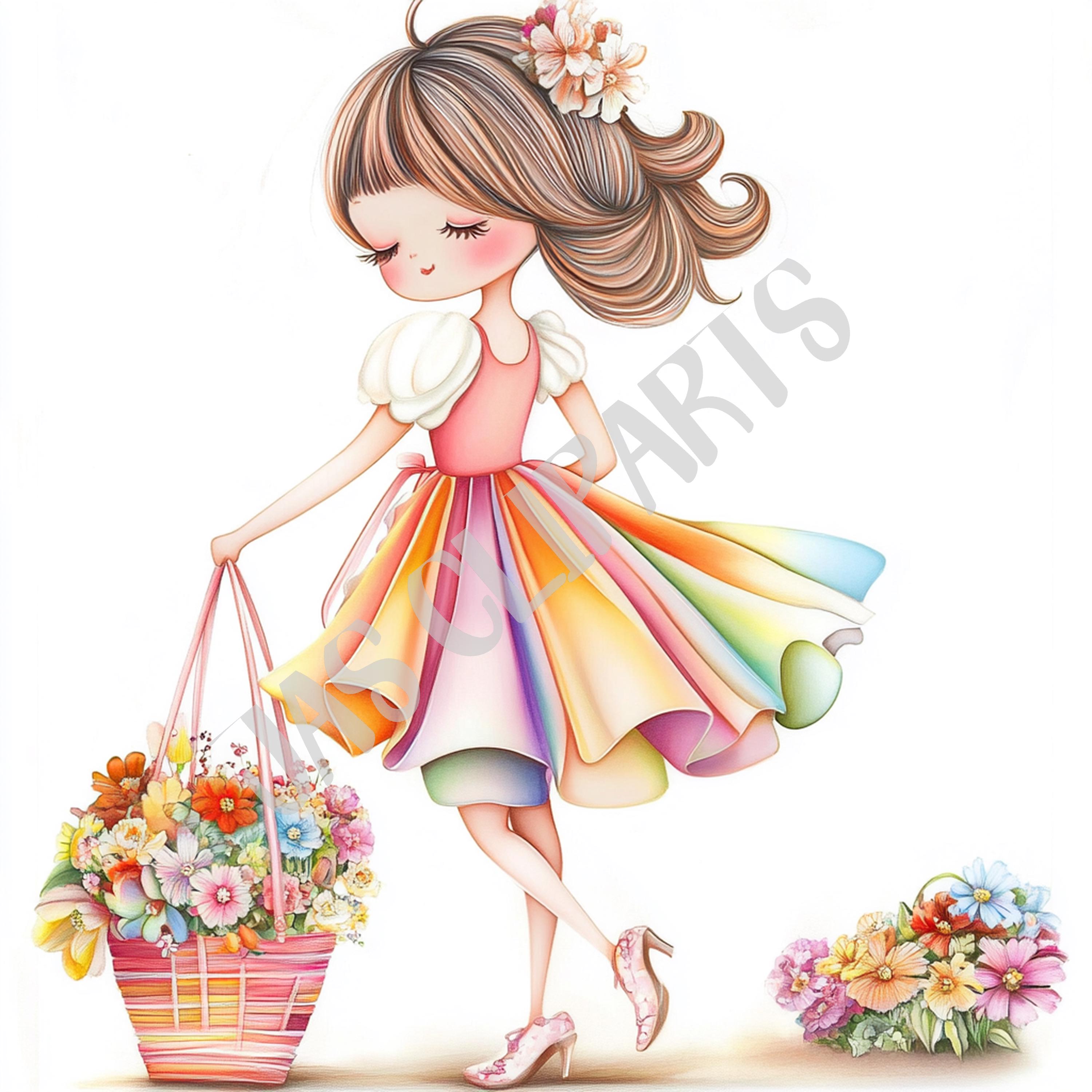 Rainbow Girl Watercolor Clipart | Floral Dress PNG (commercial Use) - Etsy
