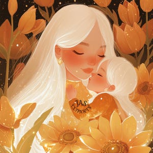 Girassol Mãe e Filho Clipart | Arte Caprichosa de Maternidade | Ilustração Floral Dourada | Download Digital Dia das Mães presente boho dia das mães