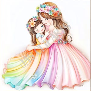 Clipart madre-figlia - Mamma primaverile carina in abiti floreali con colori pastello e acquerello, per la festa della mamma, clipart arcobaleno, uso commerciale