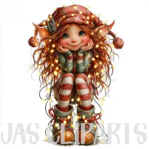 May include: A whimsical illustration of a seated elf with red hair and a red hat adorned with string lights. The elf is wearing a striped shirt, red and white striped pants, and boots. The elf is smiling and resting their chin on their hands.