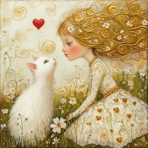 Clipart lunatique fille et chat | Art numérique de conte de fées de printemps | Illustration florale dorée | Art mural bohème nature | Utilisation commerciale fantastique