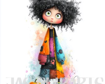 16 Hippie Halloween Girl Clipart: Quirky Watercolor Character Illustration, Cute Spooky PNG for Stickers, Junk Journals, Card Making and POD