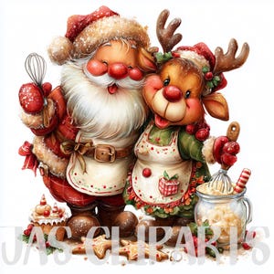 19 Red Santa Claus and Friends Baking Clipart: Funny Holiday Trio Illustration Festive Holiday Graphics PNGs, Paper Craft, Junk Journal