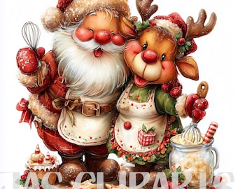 May include: A festive illustration of Santa Claus and a reindeer, both wearing red and white outfits and aprons, holding baking tools. The image includes baked goods and the text "JAS CLIPARTS".