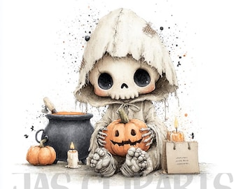 21 Watercolor Halloween Ghost Clipart Bundle | Cute Ghost PNG | Kawaii Halloween Clipart | halloween Pumpkin elements | Commercial Use