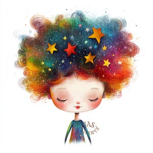 Clipart de chica de pelo rizado peculiar/Clipart de chica divertida de dibujos animados con pelo de colores caprichosos en acuarela JPG Descarga instantánea Pegatina de chica de papel artesanal