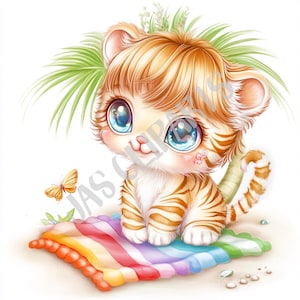 Joli bébé tigre avec couverture arc-en-ciel - Animal mignon mois de la fierté PNG mois de la fierté Kawaii pastel téléchargement numérique Junk Journal Sticker numérique