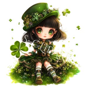 12 St Patricks Day Lucky Green Shamrock Clipart, High Resolution PNG, whimsical clover girl, Card making, Scrapbooking, Instant Download