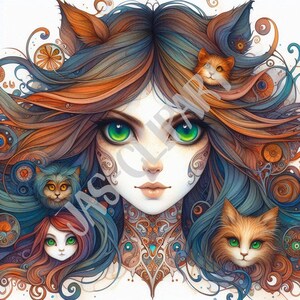 Whimsical Gothic Cat Woman Clipart: High-Res PNG Bundle (Digital Download