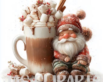 Könnte beinhalten: Eine skurrile Illustration eines Weihnachtsmanns neben einer großen Tasse heißer Schokolade, garniert mit Marshmallows, Zimtstangen und Beeren. Die Santa-Figur trägt einen roten Hut und Pullover. Kleine verpackte Geschenke und verstreute Beeren vervollständigen die festliche Szene.
