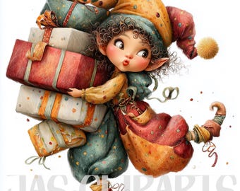 21 Quirky Cute Elf with gifts Clipart: Festive Christmas Elf Commercial Use Whimsical Ephemera Watercolor PNG Junk Journal Paper Crafts