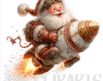 May include: A whimsical illustration of Santa Claus riding a rocket. Santa is wearing a red and white suit with goggles and a long white beard. The rocket is white and gold with a red and white stripe. Stars and flames trail behind the rocket.