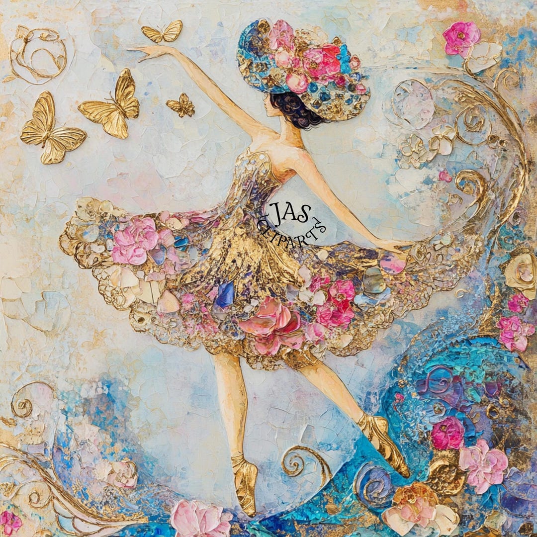 花柄バレリーナアートプリント - ゴールドバタフライダンス、母の日