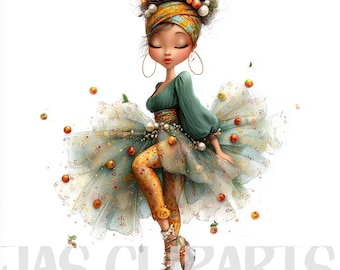 10 imágenes prediseñadas de niñas navideñas en acuarela: PNG navideños caprichosos, imágenes PNG de niñas festivas (descarga digital)