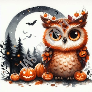 Clipart mignon hibou d'Halloween avec citrouilles et pleine lune - PNG animal effrayant de la forêt d'automne pour la conception de t-shirt, art de chemise d'Halloween par sublimation