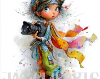 13 schrullig Fotograf Mädchen Clipart: bunte digitale Kunst Illustration, niedliche Aquarell Charakter, druckbare Aufkleber, Scrapbooking & Handwerk