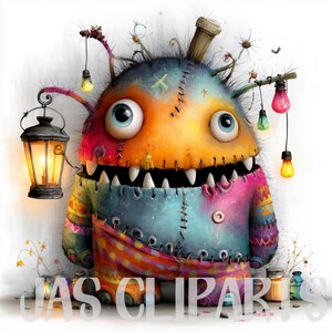 May include: A colorful, whimsical monster illustration with large eyes, sharp teeth, and stitched patchwork design. The monster is adorned with hanging light bulbs and a lantern, creating a playful and imaginative aesthetic. The color palette includes vibrant hues of orange, blue, pink, and green.
