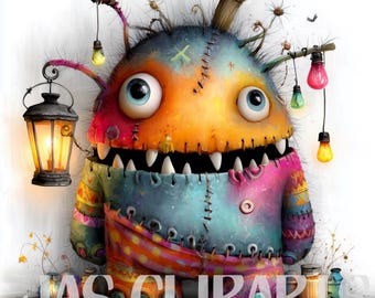 11 grillige patchwork monster clipart: eigenzinnig herfst monster pluche wezen met lantaarn schattige griezelige kunst voor stickers ambachten junk journaling