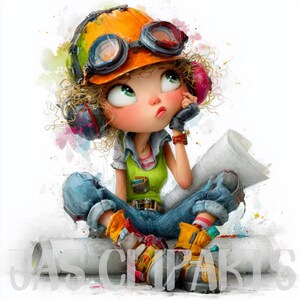 May include: A watercolour illustration of a young person in construction attire, wearing an orange hard hat with goggles, headphones, and work boots. The person is sitting and looking up thoughtfully, holding a rolled-up blueprint. The image has a whimsical, cartoonish style.