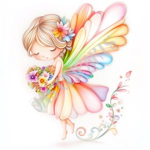 Clipart di fata pastello in formato PNG - Illustrazione di un bouquet di fiori a forma di cuore - Arte magica e carina per inviti per bambini, decorazioni murali, sublimazione e artigianato