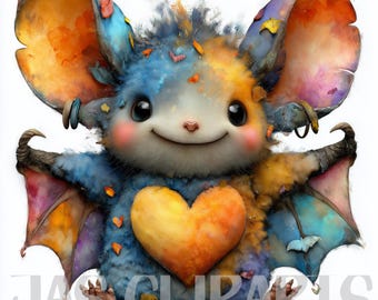 18 adorables y peculiares imágenes prediseñadas de murciélagos de Halloween: animales de fantasía espeluznantes en acuarela con corazón, arte digital infantil de otoño para manualidades.