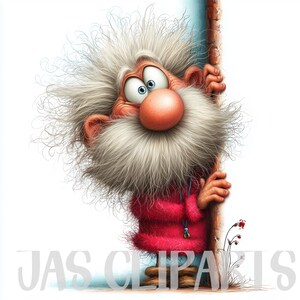 May include: A cartoon illustration of an elderly man with a large nose, white beard, and wild white hair. He wears a red jacket and peeks around a brick wall. The image has a playful, cartoonish style.