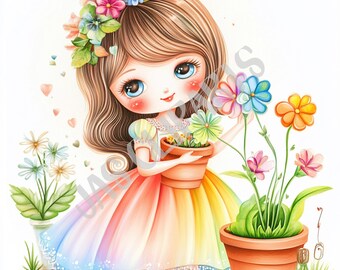 Rainbow Gardening Girl Clipart | Watercolor Floral PNG (Digital Download)