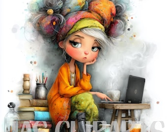 10 arbeitende Mädchen Clipart, wunderliche Herbst Mode Karriere Frau, niedliches Aquarell druckbare Grafik für Aufkleber, Scrapbooking & Kunsthandwerk
