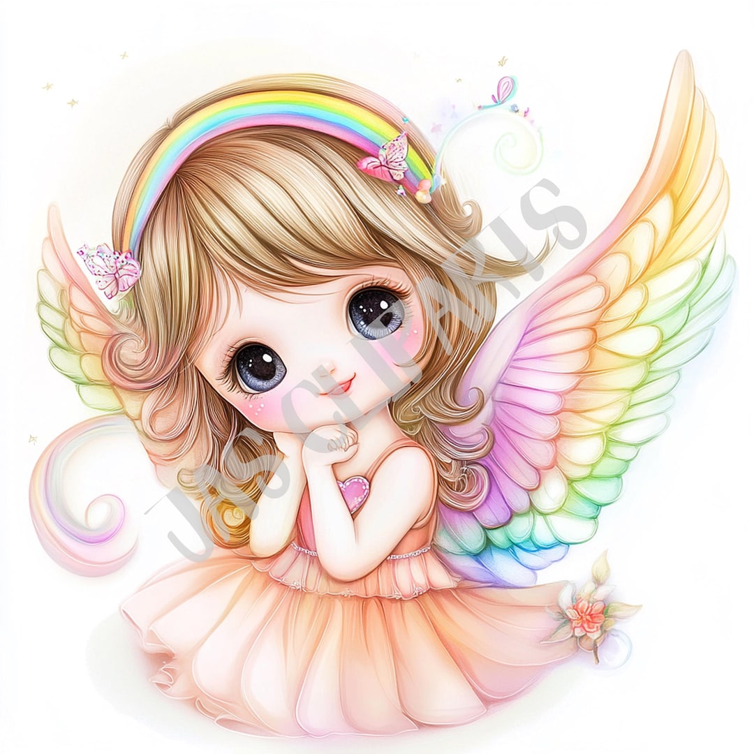 Kawaii Angel Girl Clipart PNG | Rainbow Wings Art (digital Download) - Etsy