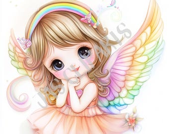 Kawaii engel meisje clipart png | Rainbow Wings Art (digitale download)