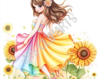 Watercolor Sunflower Girl Clipart | Rainbow Dress PNG (Digital Download)