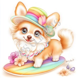 Clipart corgi arc-en-ciel - chien de fierté mignon avec chapeau et planche de surf Art d'été LGBTQ+ chiot kawaii PNG pour autocollants, cartes et travaux manuels Junk Journal
