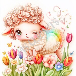 Cute Spring Lamb Clipart PNG | Kawaii Rainbow Sheep Art | Baby Farm Animal with Flowers | Pride Month Clip Art | Spring Printable Decor