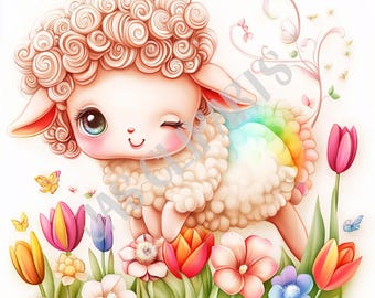Kawaii Rainbow Lamb Clipart | Spring Flowers PNG (Digital Download)