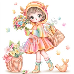 気まぐれな女の子のクリップアート | 花のイラスト – 保育園の装飾、スクラップブッキング、ステッカー、デジタルダウンロードに最適なパステルカラーのキュートなアート